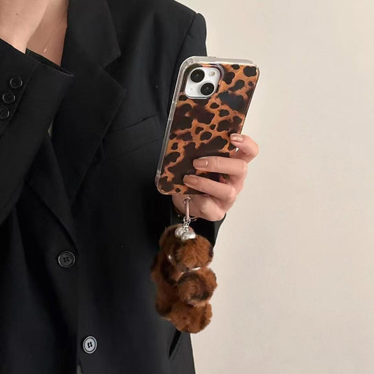 Leopard Design Case With Fur Pom Pom