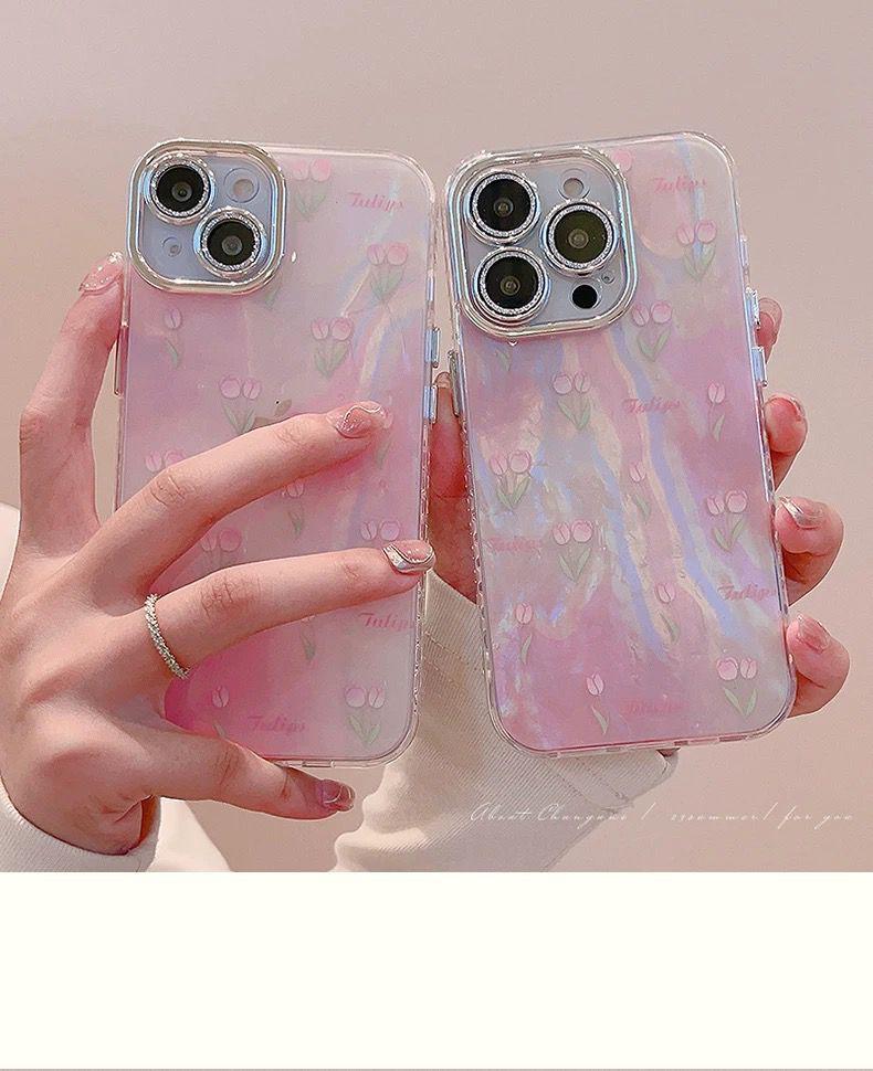 Tulip Flower Print Case With Sparkle Bling Camera Lens